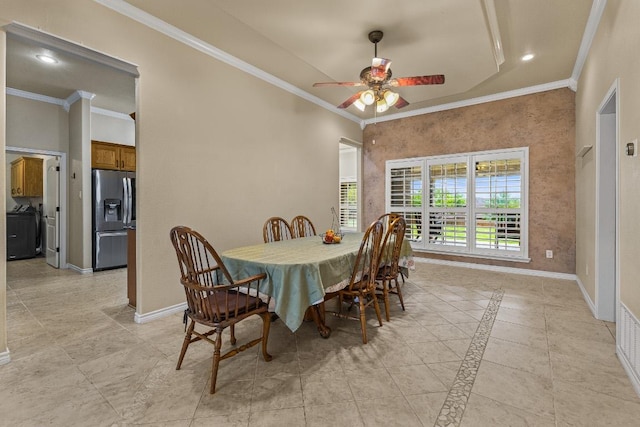 1420 Gomer Ln, Harker Heights, TX 76548 - dining area with crown molding, ceiling fan, and recessed lighting