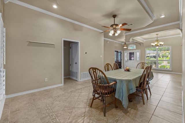 1420 Gomer Ln, Harker Heights, TX 76548 - dining area featuring crown molding, a chandelier, light tile patterned floors, a ceiling fan, and recessed lighting