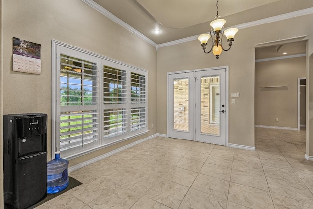 1420 Gomer Ln, Harker Heights, TX 76548 - unfurnished dining area featuring crown molding, a chandelier, and tile patterned floors