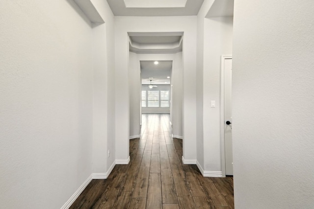 2300 La Mirada St, Leander, TX 78641 - hallway with dark wood finished floors, baseboards, and a tray ceiling