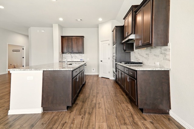 2300 La Mirada St, Leander, TX 78641 - kitchen with a sink, stainless steel appliances, dark wood-type flooring, under cabinet range hood, and dark brown cabinetry