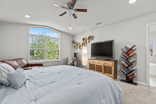 bedroom featuring light carpet, lofted ceiling, recessed lighting, baseboards, and a ceiling fan