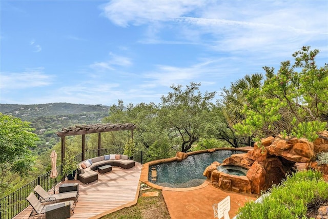 1710 Mount Larson Rd, Austin, TX 78746 - view of pool with a pergola, a wooden deck, an outdoor living space, and a pool with connected hot tub