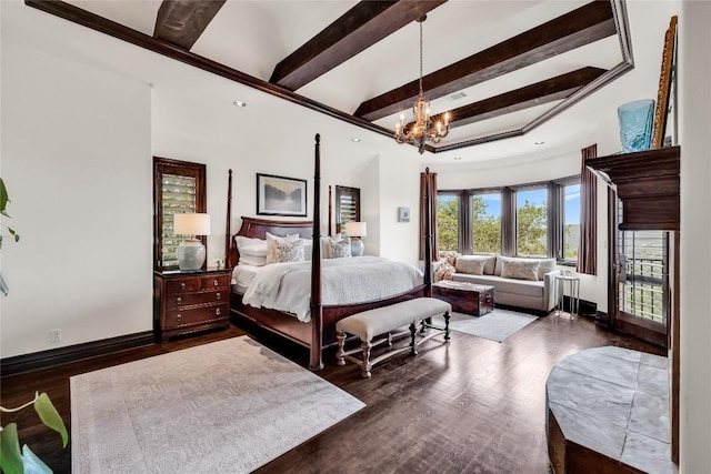 1710 Mount Larson Rd, Austin, TX 78746 - bedroom with a chandelier, beamed ceiling, dark wood-style floors, recessed lighting, and baseboards