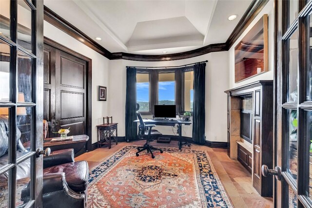 1710 Mount Larson Rd, Austin, TX 78746 - office featuring baseboards, a tray ceiling, ornamental molding, and recessed lighting