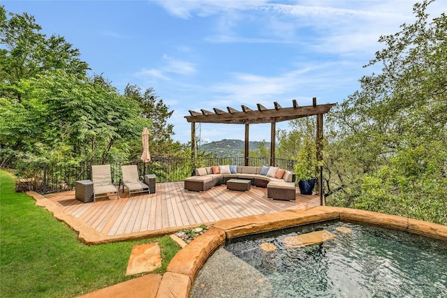 1710 Mount Larson Rd, Austin, TX 78746 - view of patio / terrace with an outdoor hangout area, a wooden deck, and a pergola
