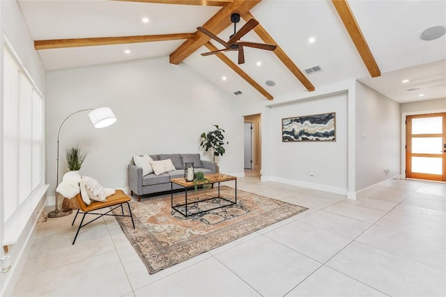 7000 Scenic Brook Dr, Austin, TX 78736 - living area with beam ceiling, recessed lighting, light tile patterned floors, baseboards, and high vaulted ceiling