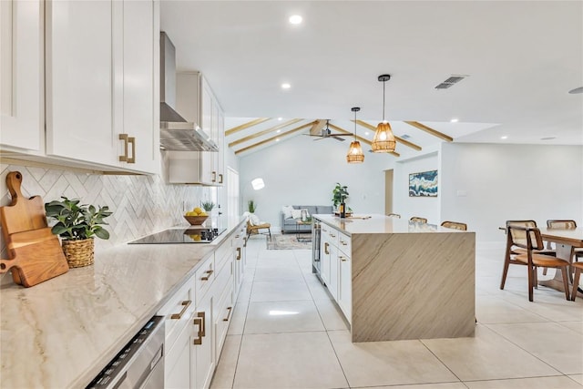 7000 Scenic Brook Dr, Austin, TX 78736 - kitchen featuring wall chimney exhaust hood, black electric stovetop, tasteful backsplash, light stone counters, and white cabinets