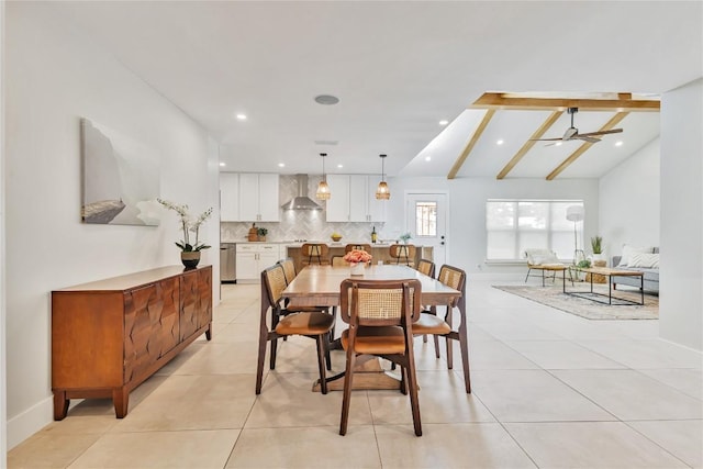 dining space with a ceiling fan, light tile patterned floors, recessed lighting, and baseboards