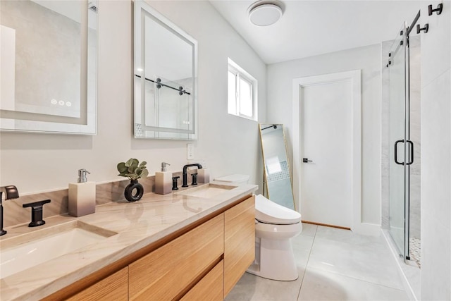 7000 Scenic Brook Dr, Austin, TX 78736 - bathroom with toilet, a stall shower, double vanity, and tile patterned floors
