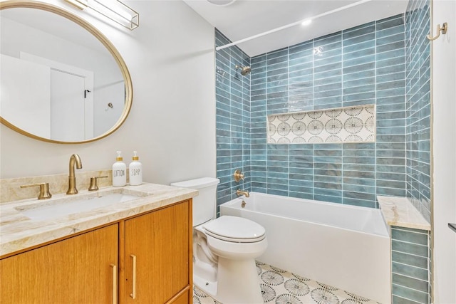 full bath featuring toilet, tub / shower combination, vanity, and tile patterned flooring