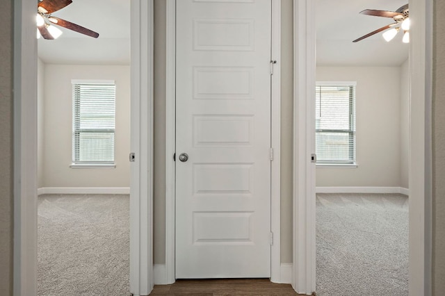 14505 Kira Ln, Manor, TX 78653 - corridor featuring dark colored carpet, baseboards, and plenty of natural light