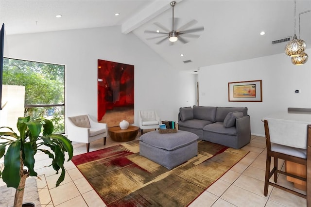 8807 Honeysuckle Trl, Austin, TX 78759 - living area with light tile patterned floors, ceiling fan, beamed ceiling, recessed lighting, and high vaulted ceiling