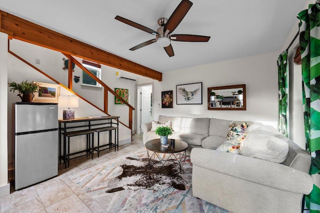 living room with a ceiling fan, a wall mounted air conditioner, and stairs