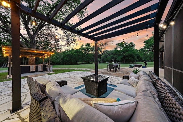 view of patio / terrace featuring outdoor lounge area, outdoor dining area, and a pergola