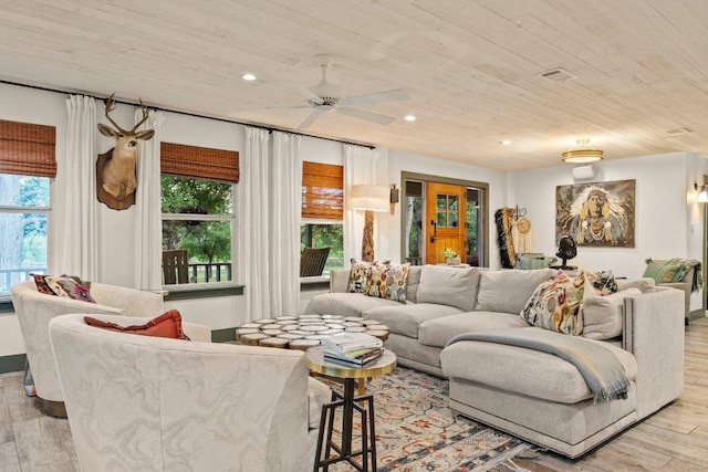 living room with wooden ceiling, light wood-style floors, recessed lighting, and a ceiling fan