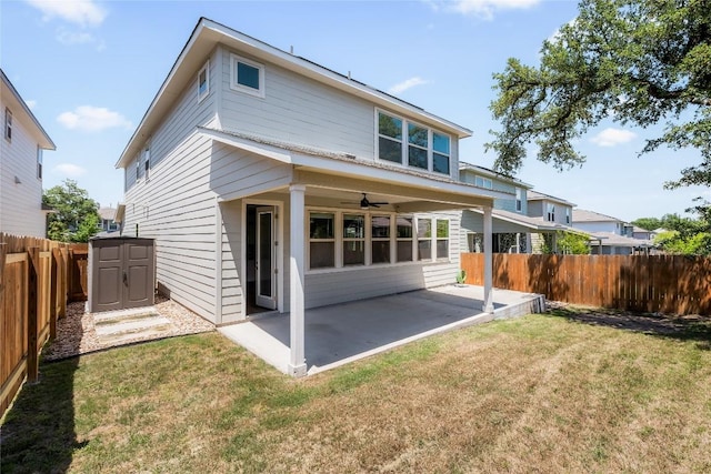 1203 Diggy Dr, Austin, TX 78748 - rear view of property featuring a patio, a fenced backyard, a shed, and ceiling fan