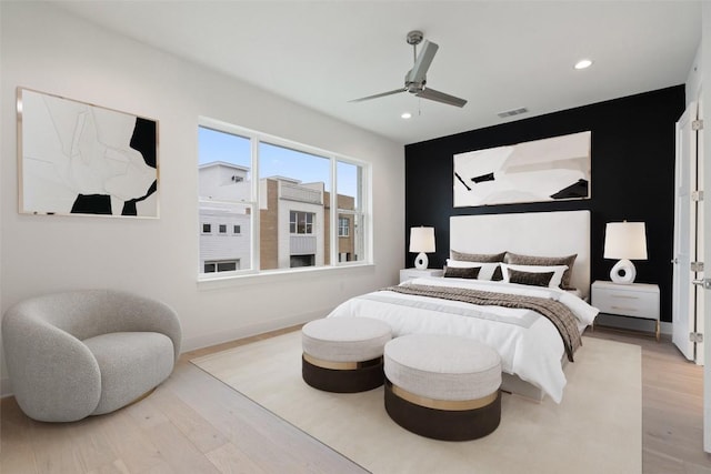 2805 Mccurdy St Unit 2, Austin, TX 78723 - bedroom featuring recessed lighting, baseboards, wood finished floors, and a ceiling fan