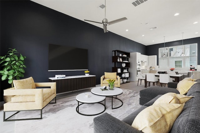 2805 Mccurdy St Unit 2, Austin, TX 78723 - living room featuring a ceiling fan, recessed lighting, and a high ceiling