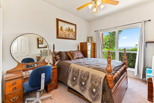 9038 Eagles Vw, Spring Branch, TX 78070 - bedroom with light colored carpet, an office area, and ceiling fan