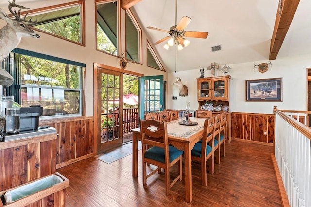 9038 Eagles Vw, Spring Branch, TX 78070 - dining space featuring wainscoting, ceiling fan, plenty of natural light, wood finished floors, and wooden walls