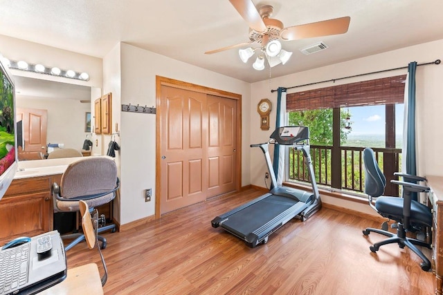 9038 Eagles Vw, Spring Branch, TX 78070 - exercise area with ceiling fan, light wood finished floors, and baseboards
