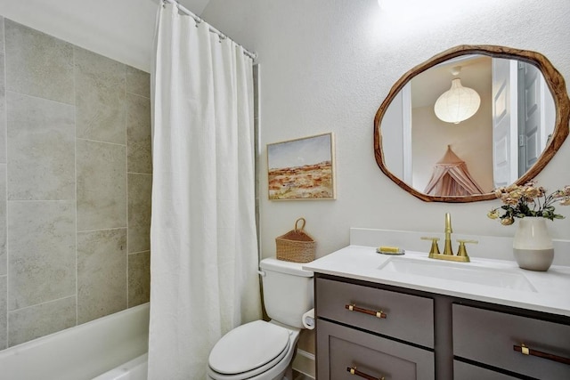 bathroom featuring toilet, vanity, and shower / bathtub combination with curtain