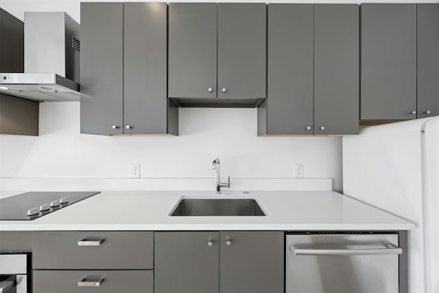 kitchen with gray cabinetry, wall chimney exhaust hood, a sink, and black electric cooktop