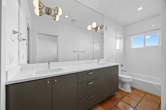 full bath featuring toilet, double vanity, washtub / shower combination, tile patterned flooring, and recessed lighting