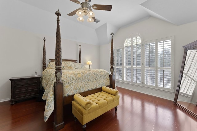 8105 Red Bird Ct, Austin, TX 78726 - bedroom featuring multiple windows, lofted ceiling, wood finished floors, and ceiling fan