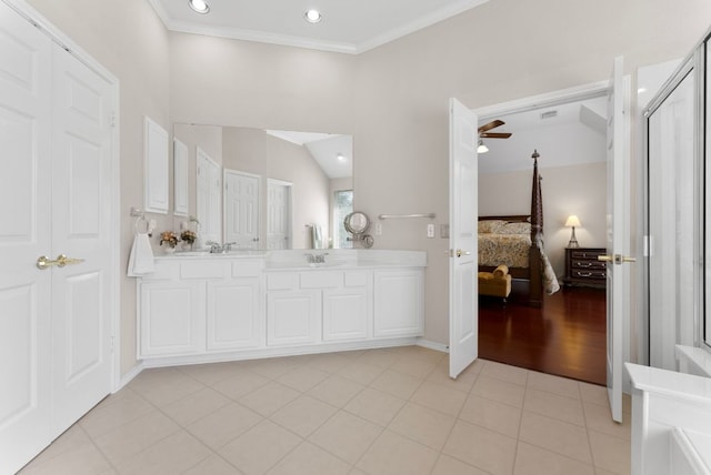 8105 Red Bird Ct, Austin, TX 78726 - full bathroom featuring ensuite bath, double vanity, ceiling fan, crown molding, and recessed lighting