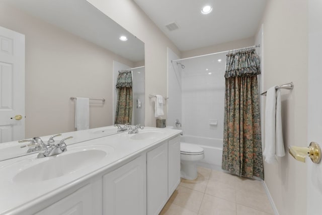 8105 Red Bird Ct, Austin, TX 78726 - bathroom featuring shower / bath combo with shower curtain, double vanity, tile patterned floors, and recessed lighting