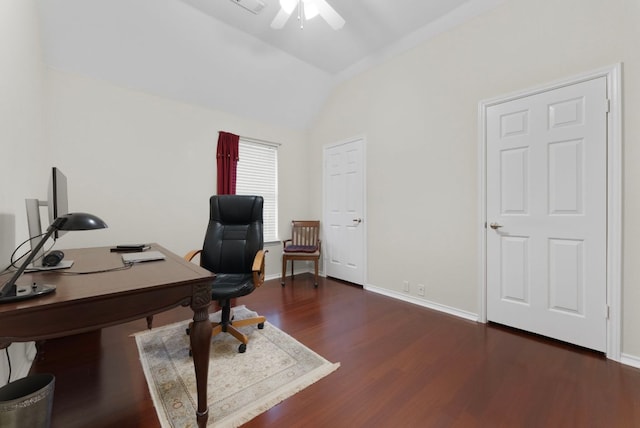 8105 Red Bird Ct, Austin, TX 78726 - office space with vaulted ceiling, a ceiling fan, and wood finished floors