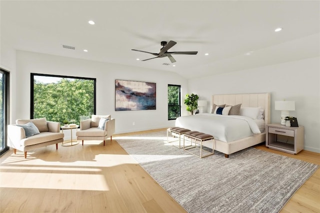 620 Bermuda St, Lakeway, TX 78734 - bedroom with light wood-style floors, recessed lighting, a ceiling fan, baseboards, and lofted ceiling
