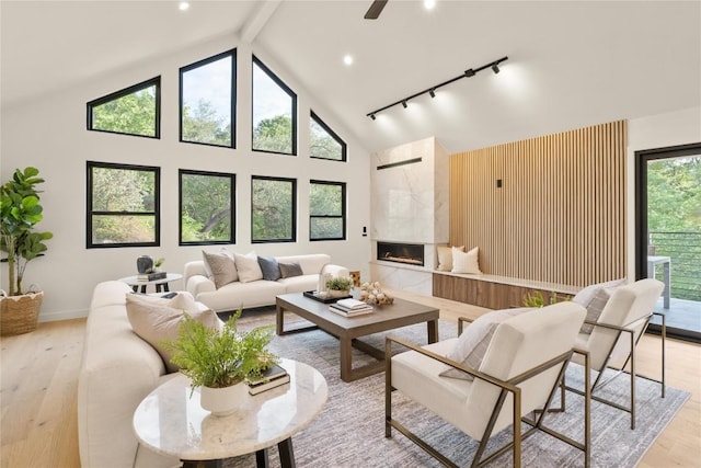 620 Bermuda St, Lakeway, TX 78734 - living room featuring light wood finished floors, beamed ceiling, high vaulted ceiling, a high end fireplace, and baseboards