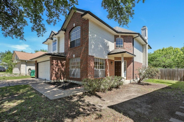2912 Sydney Dr, Austin, TX 78728 - traditional home with brick siding, a chimney, driveway, and an attached garage