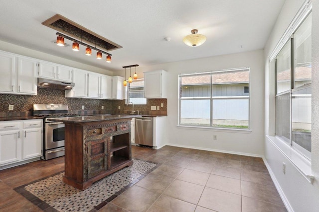 2912 Sydney Dr, Austin, TX 78728 - kitchen with appliances with stainless steel finishes, under cabinet range hood, dark countertops, tasteful backsplash, and white cabinets