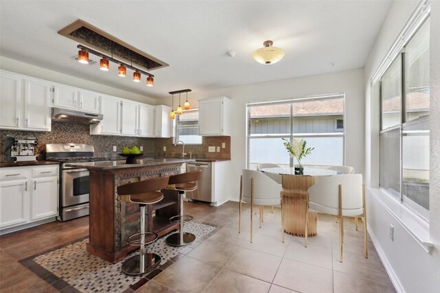 2912 Sydney Dr, Austin, TX 78728 - kitchen with stainless steel appliances, under cabinet range hood, dark countertops, tasteful backsplash, and white cabinetry
