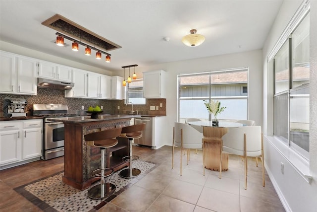 2912 Sydney Dr, Austin, TX 78728 - kitchen with stainless steel appliances, under cabinet range hood, dark countertops, decorative backsplash, and white cabinetry