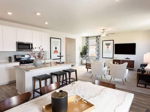 836 Sun Grove Trl, Georgetown, TX 78628 - kitchen featuring appliances with stainless steel finishes, a kitchen island with sink, open floor plan, white cabinetry, and a kitchen breakfast bar