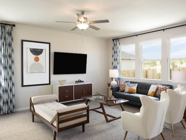 836 Sun Grove Trl, Georgetown, TX 78628 - living room with a ceiling fan, light carpet, and baseboards