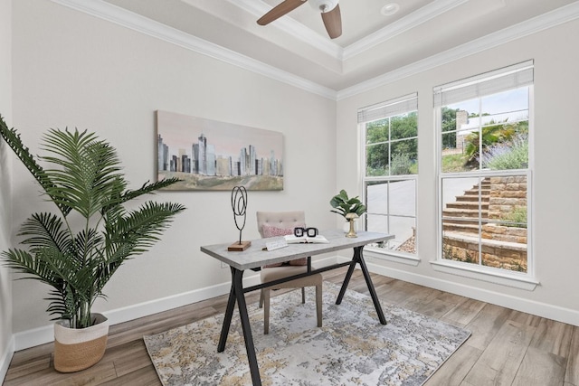 home office featuring a tray ceiling, ornamental molding, wood finished floors, a ceiling fan, and baseboards