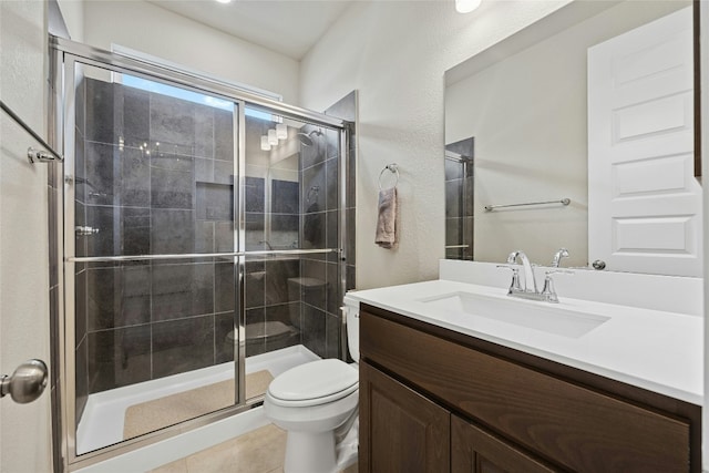 full bath featuring a stall shower, toilet, vanity, and tile patterned floors