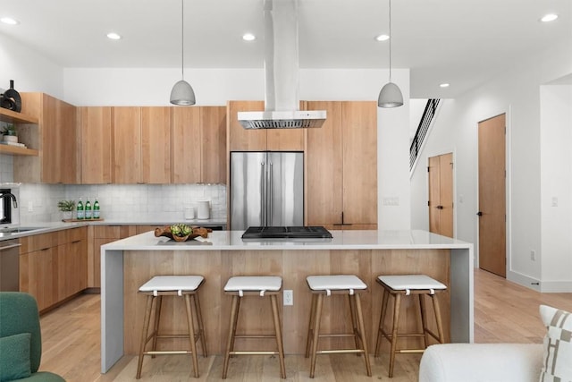 2003 Karen Ave Unit A, Austin, TX 78757 - kitchen with stainless steel fridge, island range hood, modern cabinets, open shelves, and a sink