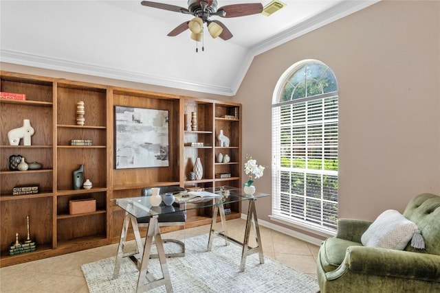 2415 Arbor Dr, Round Rock, TX 78681 - home office with vaulted ceiling, ornamental molding, light tile patterned floors, a ceiling fan, and baseboards