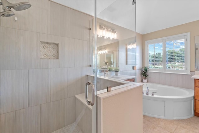 2415 Arbor Dr, Round Rock, TX 78681 - full bathroom featuring a stall shower, vanity, tile patterned flooring, and a bath