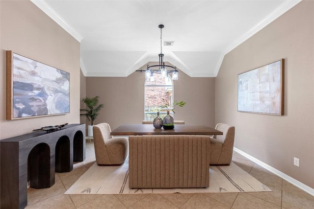 2415 Arbor Dr, Round Rock, TX 78681 - dining area with crown molding, light tile patterned floors, a chandelier, baseboards, and vaulted ceiling