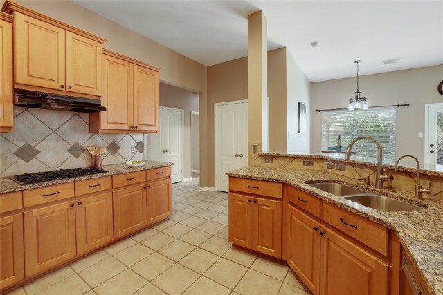 2415 Arbor Dr, Round Rock, TX 78681 - kitchen featuring stainless steel gas cooktop, under cabinet range hood, backsplash, and light stone counters