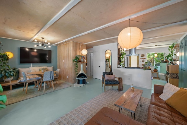 1644 Chippeway Ln, Austin, TX 78745 - living area featuring concrete floors, beamed ceiling, and baseboards