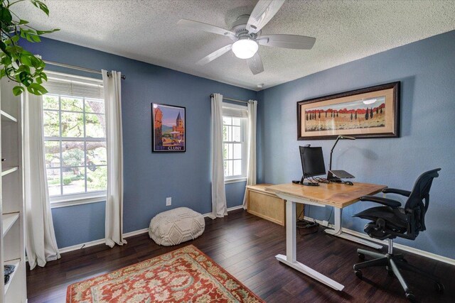 6018 Abilene Trl, Austin, TX 78749 - office with a textured ceiling, a ceiling fan, wood finished floors, and baseboards